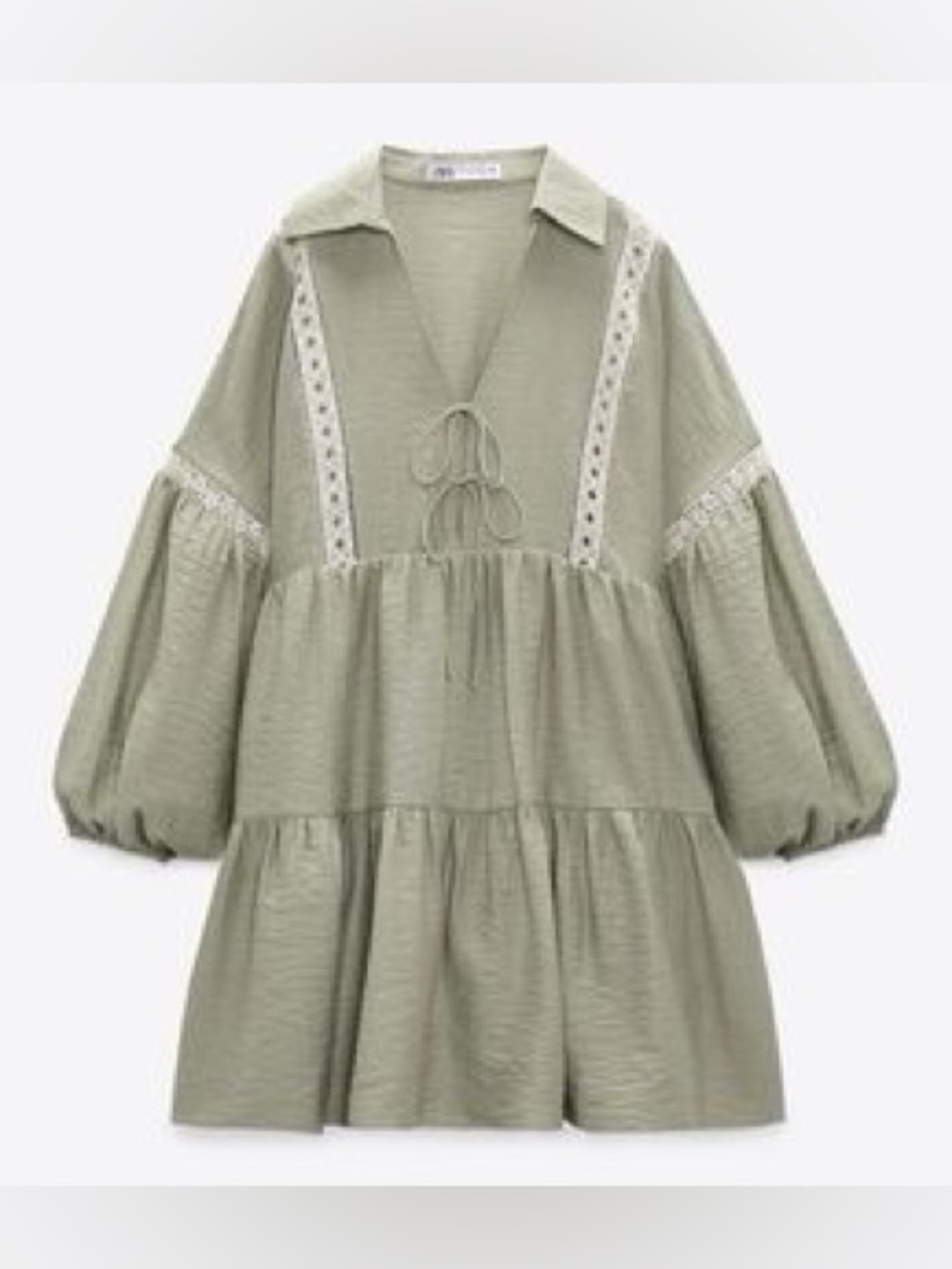 Zara Sage Green Tiered Peasant Mini Dress with Lace Trim